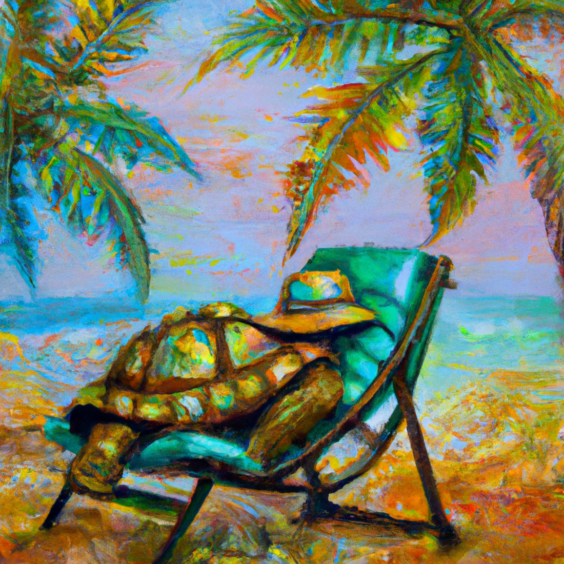 turtle wearing a hat sleeping on a beach chair